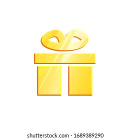 Gold Gift box icon for concept design. present Simple isolated pictogram. Christmas decoration Graphic element. Surprise Metal Vector logo. Giftbox package silhouette.