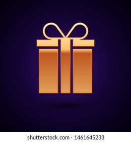 Gold Gift box icon isolated on dark blue background.  Vector Illustration