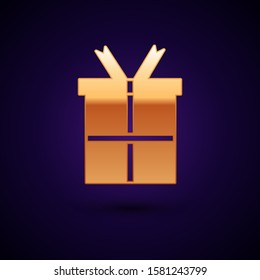 Gold Gift box icon isolated on dark blue background. Happy Birthday.  Vector Illustration