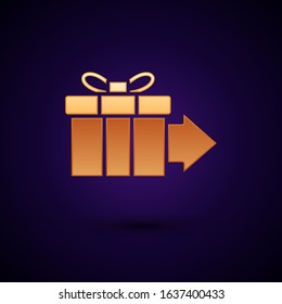 Gold Gift box icon isolated on dark blue background.  Vector Illustration