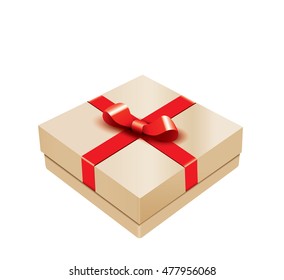Gold gift box with red ribbon and bow isolated.