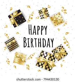Gold gift boxes and confetti on black background. Birthday template. EPS10