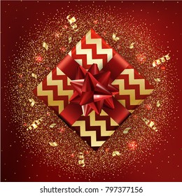 Gold gift boxes and confetti on red background. Birthday template. EPS10