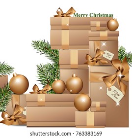 Gold Gift boxes in winter holidays Vector realistic illustration