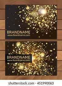 Gold Gift Business card template with abstract pattern, glitter dust, sparkling, twinkling stars. Cosmic atmosphere background, universe. Design usable for discount card, invitation, ticket.Vector
