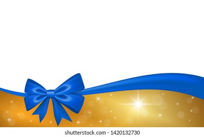 Gold gift card with blue ribbon bow, isolated on white background. Decoration stars design for Christmas holiday celebration, greeting, Valentine Day present, birthday invitation Vector illustration