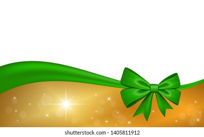 Gold gift card with green ribbon bow, isolated on white background. Decoration stars design for Christmas holiday celebration, greeting, Valentine Day present, birthday invitation Vector illustration