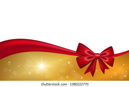 Gold gift card with red ribbon bow, isolated on white background. Decoration stars design for Christmas holiday celebration, greeting, Valentine Day present, birthday invitation Vector illustration