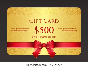 Gold gift card with red ribbon and vintage floral pattern