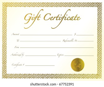 Gold Gift Certificate with golden seal and design border.