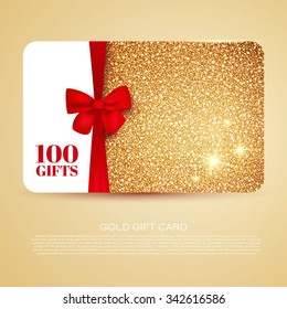 Gold Gift Coupon, Gift Card. Discount Card, business card) with Bow. Holiday Background for Invitation. Vector illustration