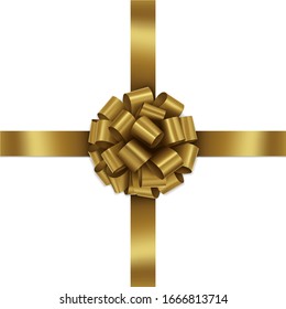Gold Gift Ribbon Bow Cross Vector. Illustration of Greeting Gold Gift Wrapping Ribbon and Bow Crossed at the Center on White Background.