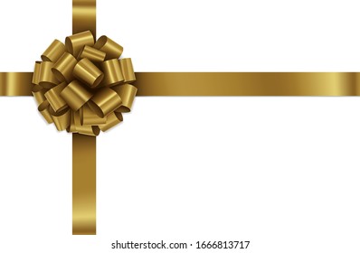 Gold Gift Ribbon Bow Cross on Rectangle Vector. Illustration of Greeting Gold Gift Wrapping Ribbon and Bow Crossed at the Top Left on White Background.