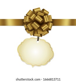 Gold Gift Ribbon Bow with Gift Tag Vector. Illustration of Gold Greeting Gift Wrapping Ribbon and Bow with Gift Tag on White Background.