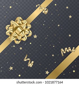 Gold gift Ribbon With realistic Bow. Gift Element For Card Design. Holiday Background, Vector Illustration