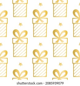 Gold gifts on white background seamless pattern. Background with gold boxes and stars vector illustration. Template for holiday packaging, paper and wallpaper