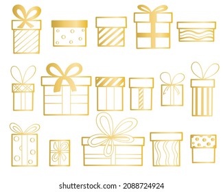 Gold gifts set isolated vector illustration. Collection of gift golden boxes. Beautiful festive surprise for new year christmas or birthday