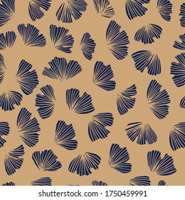 Gold Ginko Leaves Silhouette Pattern. Floral Japanese Outline Ornament. Gingko Seamless Vector Pattern. Blue China Background.