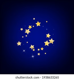 Gold Glamour Stars Vector Blue Background. Cosmos Confetti Illustration. Glow Background. Yellow Christmas Rain Texture.