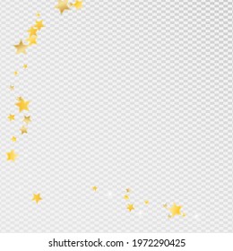 Gold Glamour Stars Vector Transparent Background. Light Rain Background. Universe Template. Golden Effect Confetti Border.