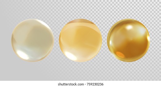 Gold glass ball isolated on transparent background. 3D realistic vector golden oil vitamin E pill capsule for medical or healthcare template design. Golden droplet of oil or collagen essence
