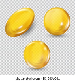 Gold glass ball set isolated on transparent background. Regenerate face cream and vitamin complex concept. Shining golden essence droplet of oil collagen essence. Vector illustration for your design.