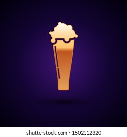 Gold Glass of beer icon isolated on dark blue background.  Vector Illustration