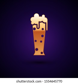 Gold Glass of beer icon isolated on dark blue background.  Vector Illustration