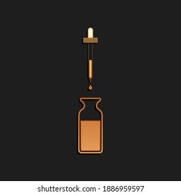 Gold Glass bottle with a pipette. Vial with a pipette inside and lid icon isolated on black background. Container for medical and cosmetic product. Long shadow style. Vector.