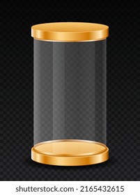 Gold glass cylinders. Pedestal or podium for promotion of goods on Internet. Award to winner in competition, achievement, trophy. Golden cup or title. Realistic isometric vector illustration