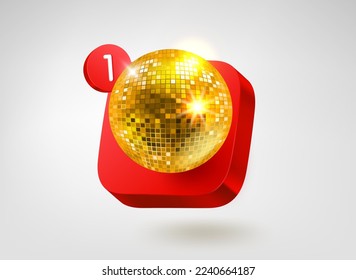 Pelota disco de cristal de oro con botón rojo. Icono de aplicación móvil vectorial 3