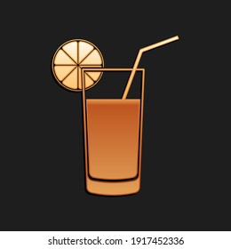 Gold Glass of juice icon isolated on black background. Orange slice and tube for drinking. Healthy organic food. Long shadow style. Vector.