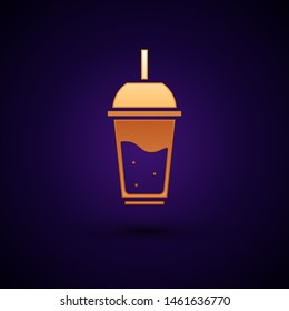 Gold Glass of lemonade with drinking straw icon isolated on dark blue background.  Vector Illustration