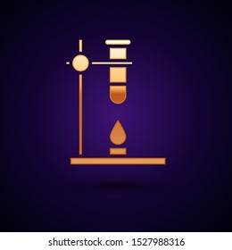 Gold Glass test tube flask on fire heater experiment icon isolated on dark blue background. Laboratory equipment.  Vector Illustration