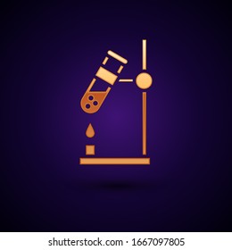 Gold Glass test tube flask on fire heater experiment icon isolated on black background. Laboratory equipment.  Vector Illustration
