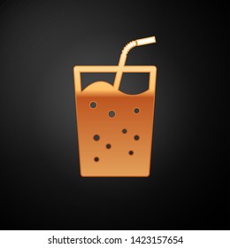 Gold Glass with water icon isolated on black background. Soda drink glass with drinking straw. Fresh cold beverage symbol. Vector Illustration