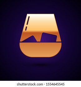 Gold Glass of whiskey and ice cubes icon isolated on dark blue background.  Vector Illustration