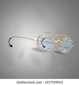 Gold glasses vector illustration with text reflection. Gold-rimmed glasses. Vintage design.