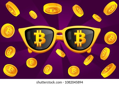 Gold glasses with the vector symbol bitcoin and cryptocurrency coin