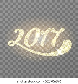 Gold glitter 2017 numbers for New Year holiday design. Vector glowing 2017 lettering on transparent background with stars and sparkles