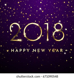 Gold glitter 2018 Happy New Year text on black sparkling background for holiday greeting card, calendar, poster, banner