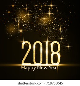 Gold glitter 2018 on dark background with light effects with the text Happy New Year.