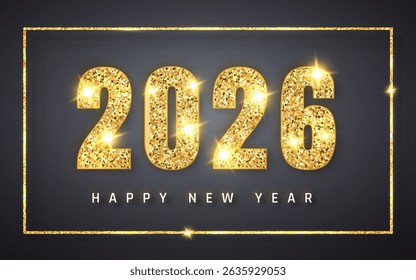 Gold Glitter 2026 Happy New Year Text With Shiny Sparkles And Dark Luxury Background, Perfect For Holiday Cards, Invitations, And Event Banners. High-Quality Vector Illustration.