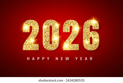Gold Glitter 2026 New Year Text With Sparkling Light On Red Background, Perfect For Holiday Greetings, Invitations, Or Celebration Designs. High-Quality Vector Illustration.