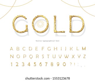 Gold glitter 3d font. Luxury golden colored ABC letters and numbers. Elegant glamour alphabet for holidays design. Vector illustration