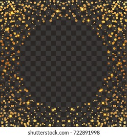 Gold, glitter abstract background. Cool pattern. Patina golden elements. . Frame sparkles on dark background. Creative invitation for new year, wedding, birthday. Trendy modern vector illustration.