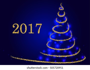 Gold glitter Abstract Christmas tree made of sparkles and lights. vector illustration greeting card. Happy new year and merry christmas