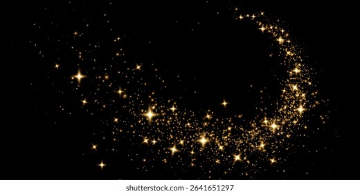 Gold glitter abstract wave isolated on dark. Star dust explosion. element for design invitation, wedding, Christmas card