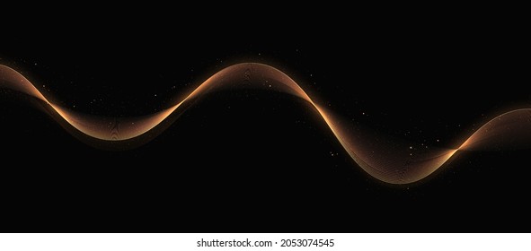 Gold glitter abstract waves on a black background. Glittering old dust trail. Abstract motion. Magic lines. Shiny color gold wave design element.