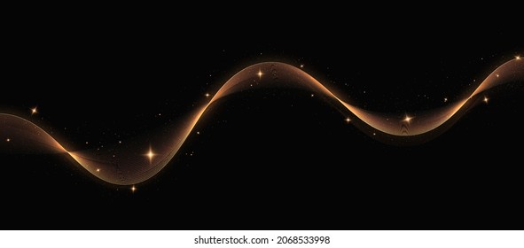 Gold glitter abstract waves on a black background. Magic lines. Shiny color gold wave design element.